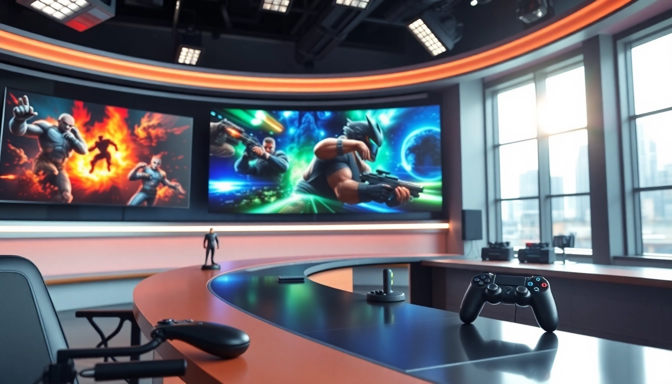 Spannende Games News in einem modernen Newsroom mit dynamischen Spielszenen.