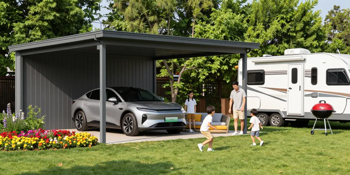 Ein moderner Carport bietet Schatten für ein Auto und ein Wohnmobil, während eine Familie einen sonnigen Tag im Garten genießt.