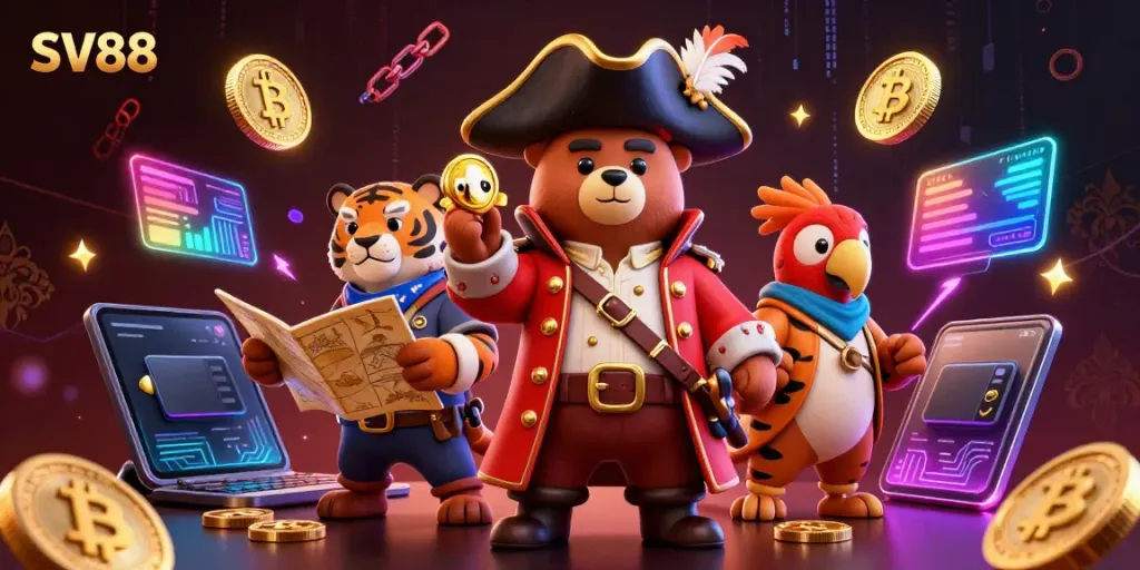Spin and win with SV88's vibrant 3D casino scene featuring cartoon characters and crypto elements.