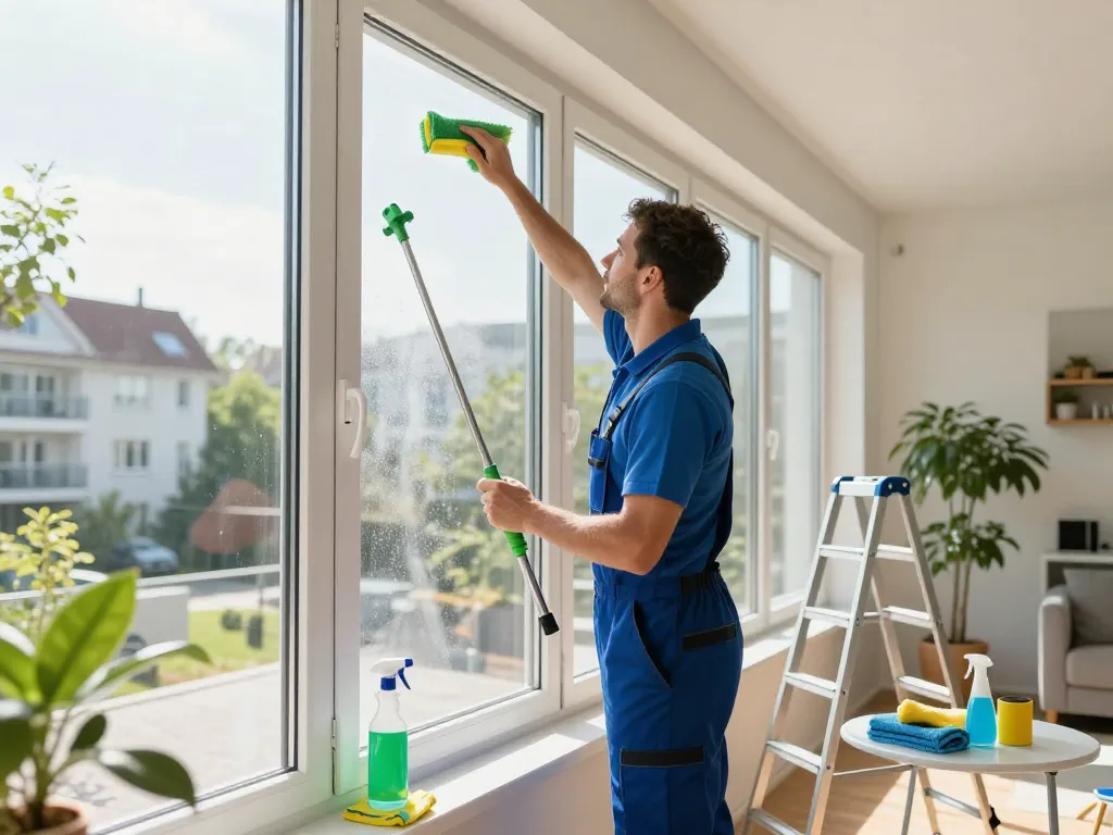 Professioneller Gebäudereiniger aus Münster reinigt sorgfältig Fenster und zeigt hochwertige Reinigungsdienste in einem hellen Zuhause.