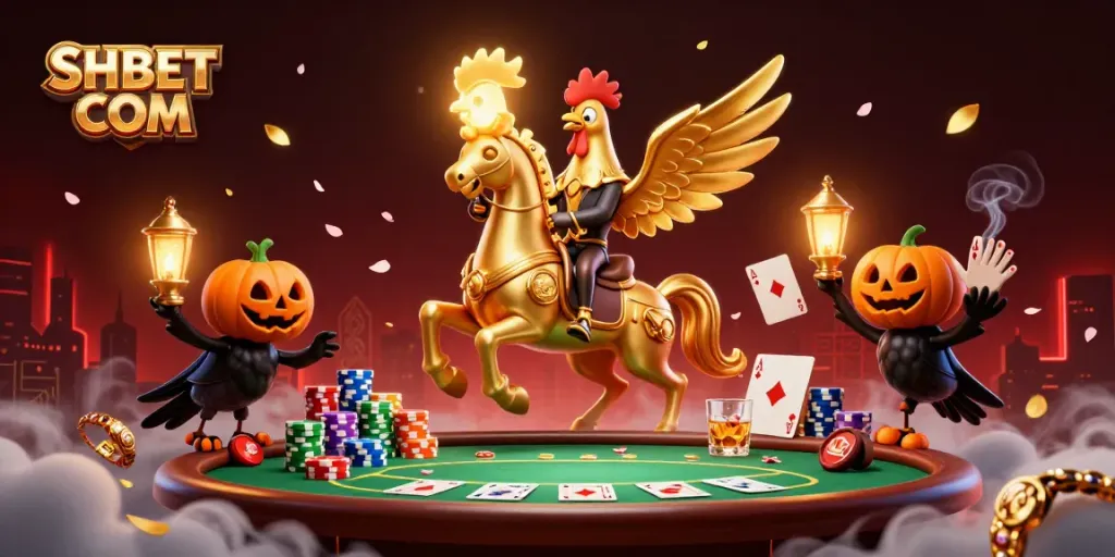 Engaging scene showcasing SHBET COM with a golden rooster and spectral horse inside a vibrant casino setting.