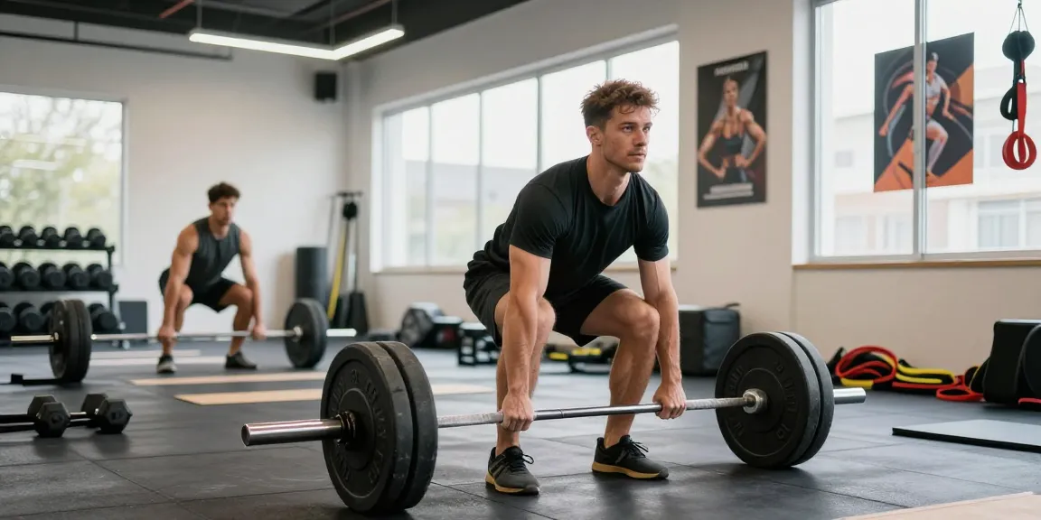 Astera Shop: Fitness Szene mit Athlet, der Deadlifts im modernen Studio ausführt.
