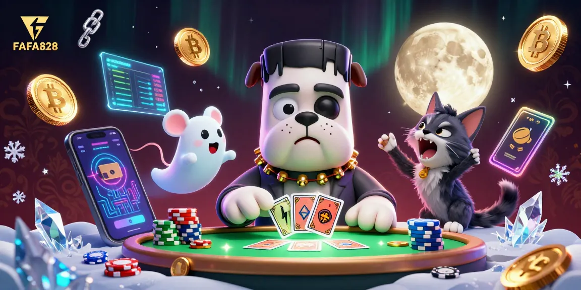 FAFA828 showcases a Frankenstein bulldog monster dealing cards, embracing the thrilling casino energy.