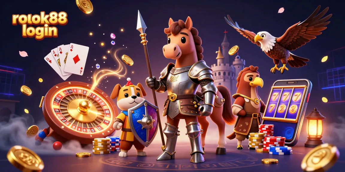 Play big with rokok88 login in this vibrant 3D scene featuring knights and gaming elements.