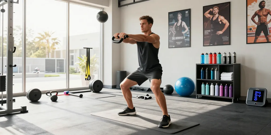 Whey Protein kaufen during intense gym workout with kettlebell and sunlight streaming through windows.