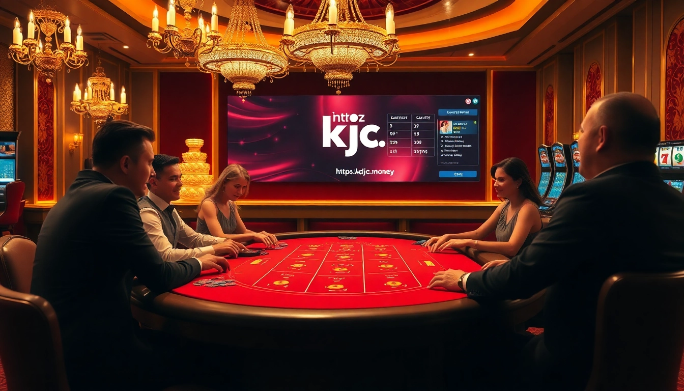 Dynamic casino gaming experience at https://kjc.money/ featuring excited players at a blackjack table.