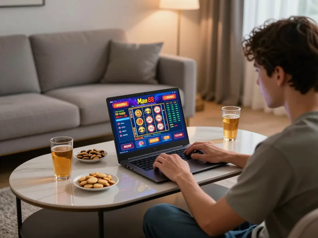 Engaging gameplay at Man 88 online casino on a laptop in a cozy home setup