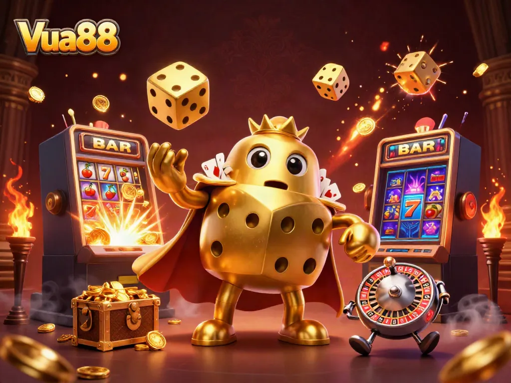 Engage in exciting gaming experiences with Vua88 illustrated through a dynamic scene featuring golden dice, a lively casino environment.
