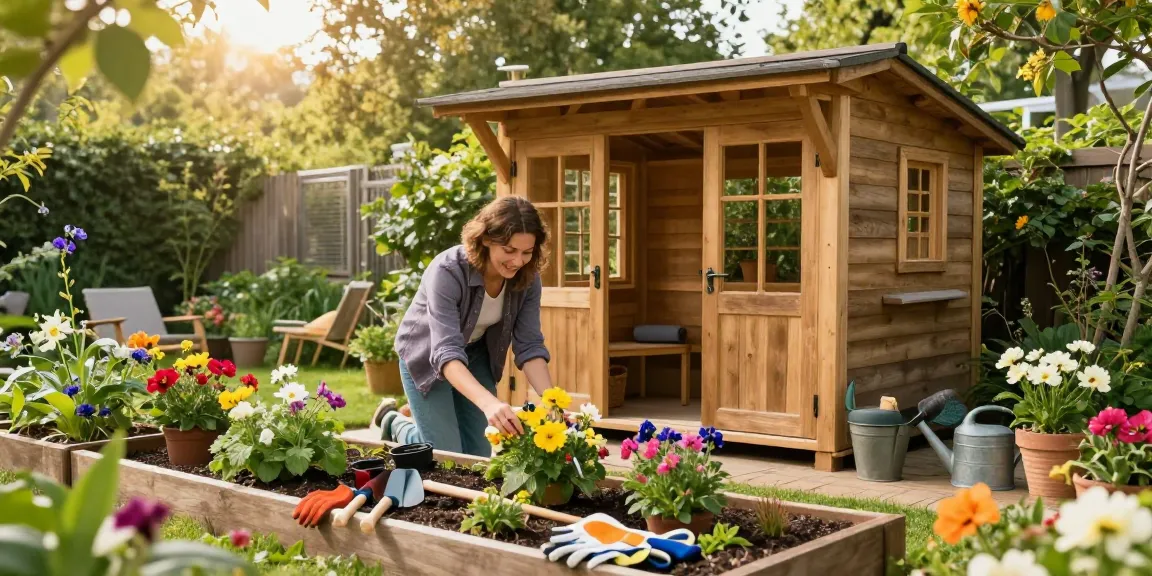 Attraktives Gartenhaus aus Holz umgeben von blühenden Pflanzen und Gartenwerkzeugen, das eine einladende Atmosphäre schafft.