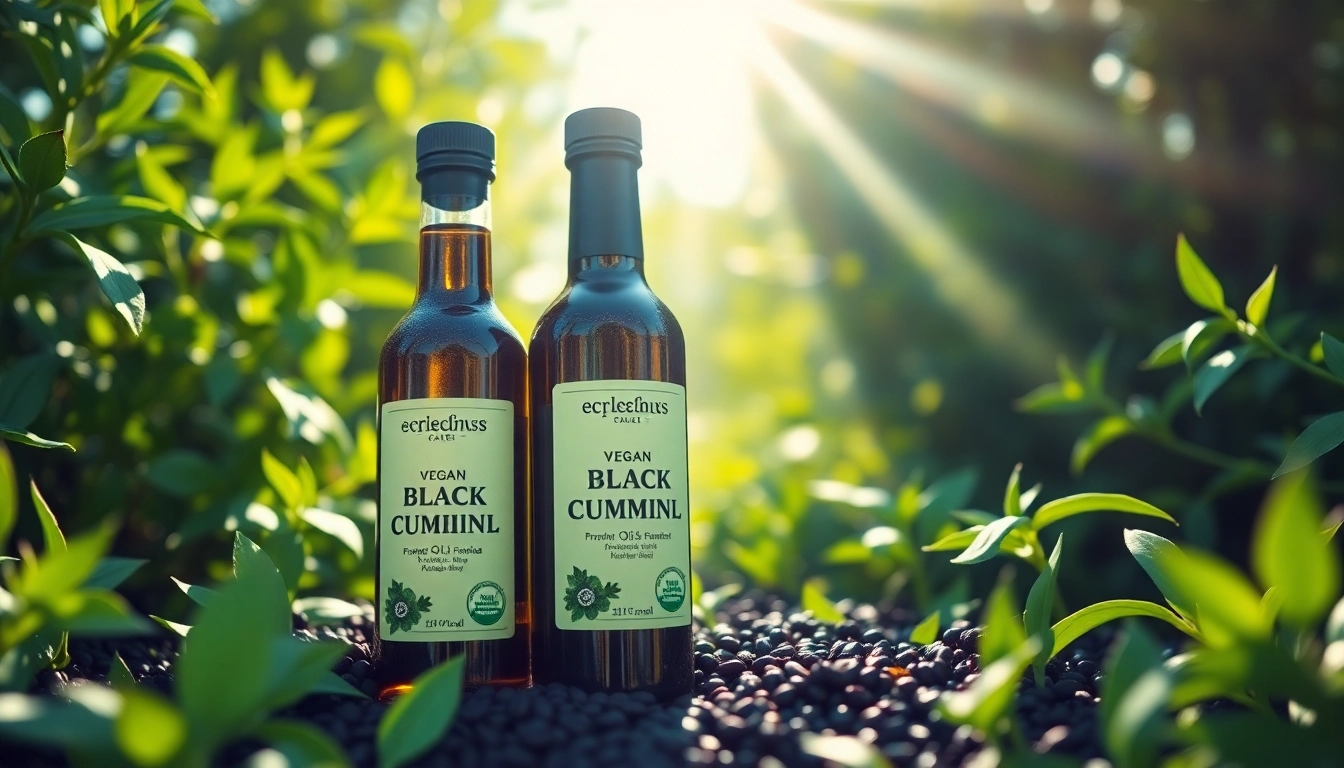 Veganes Schwarzkümmelöl in einer stilvollen Flasche voller Frische und Natürlichkeit präsentieren.