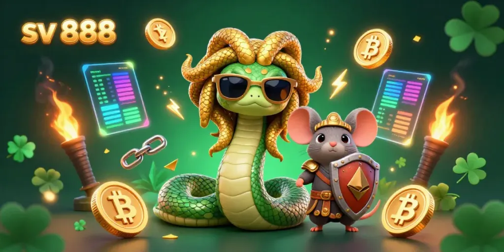 Engage with sv 888's dynamic casino scene featuring Medusa and a warrior mouse.