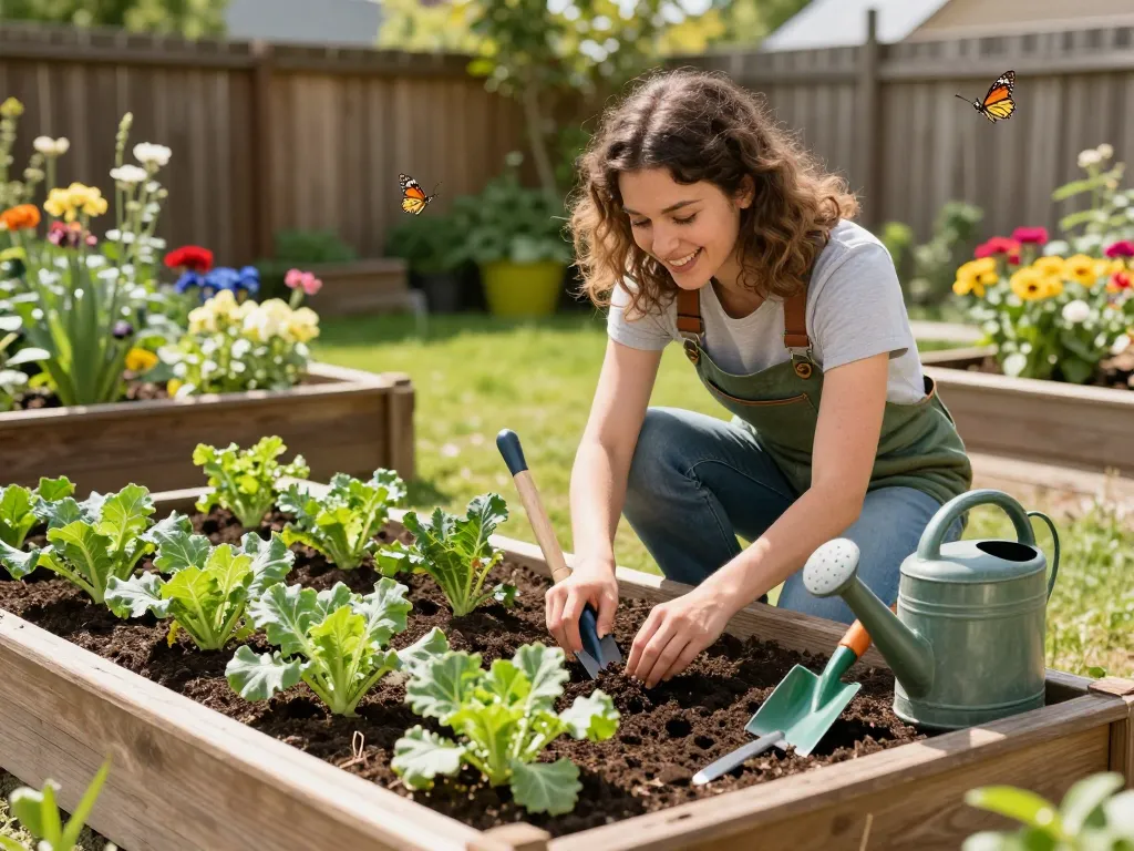 Gardener planting lauchpflanzen in a sunny backyard vegetable patch.
