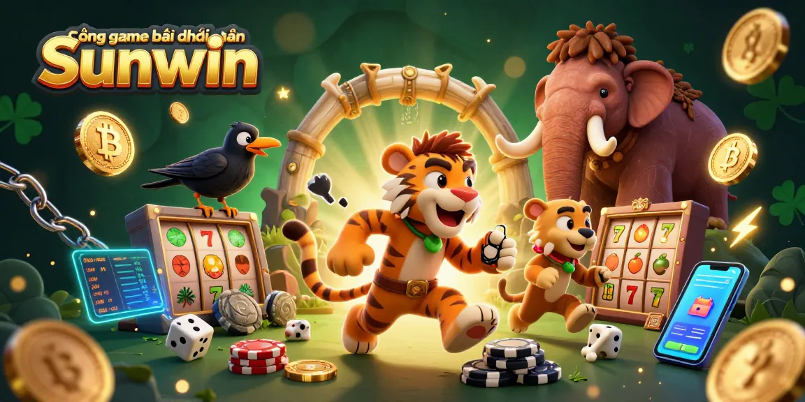 Cổng game bài đổi thưởng Sunwin showcases a dynamic prehistoric casino scene with characters and crypto elements.