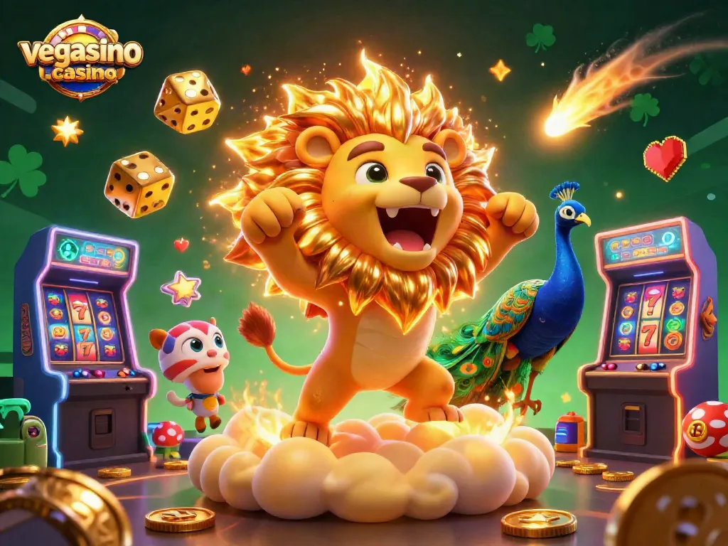 Experience the thrill of vegasino casino with a vibrant 3D illustration featuring a roaring lion and golden dice.