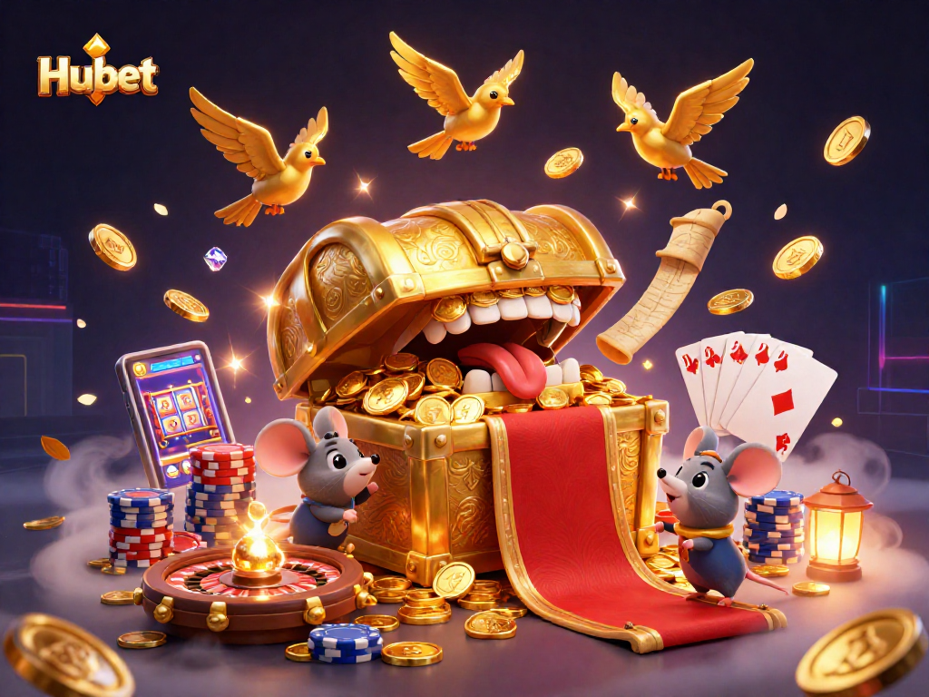 Engage with Hubet's thrilling casino activities featuring a treasure chest, golden coins, and dynamic game elements.