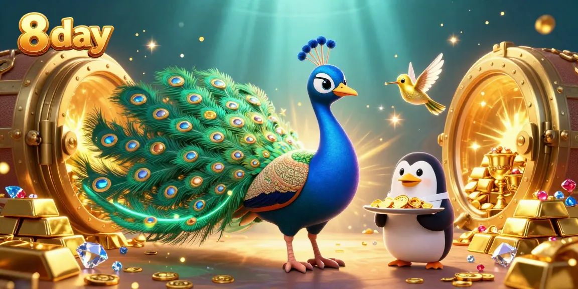Experience exciting wins at 8 day with vibrant gold and jeweled casino elements in a lively 3D scene.