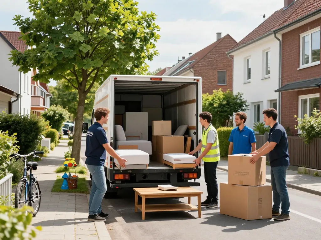 Professionelle Umzugshelfer von Umzugsunternehmen Hannover beladen einen Truck mit Möbeln in einer sonnigen Nachbarschaft