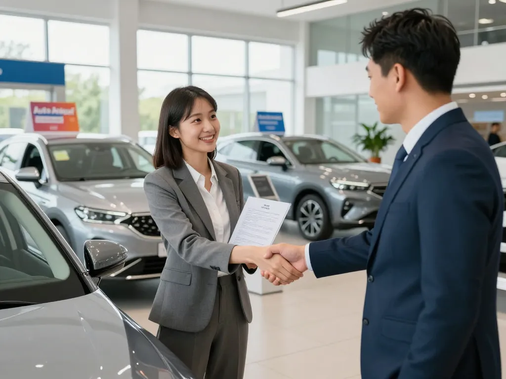 Auto Ankauf Dienstleistung, die einen Kunden und einen Vertreter zeigt, die in einem modernen Autohaus einen Deal abschließen.