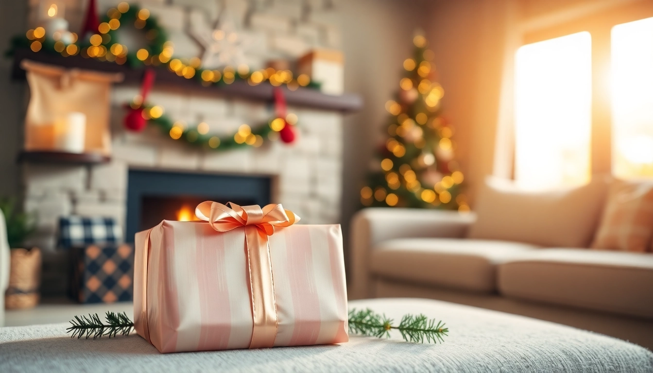 Zeige eine perfekte Geschenkidee in einem stilvollen Wohnzimmer mit festlicher Dekoration.