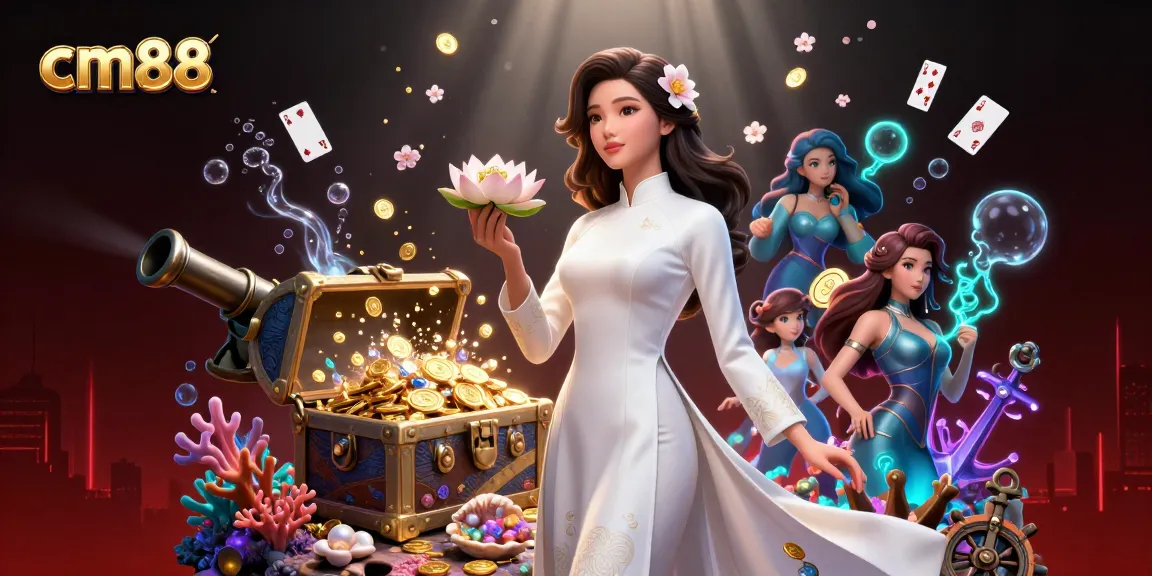 Win big with cm88 as an elegant Asian woman poses gracefully in a vibrant gambling-themed 3D underwater scene.
