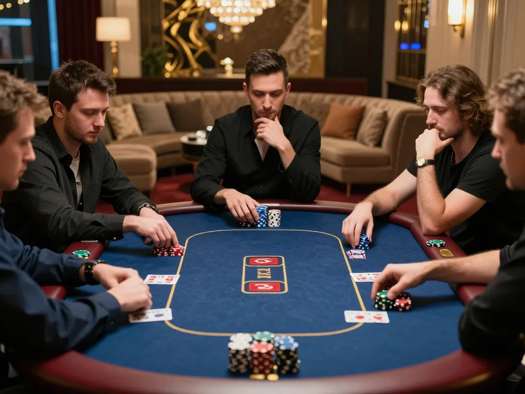 Bsport poker players strategizing their moves during an intense game at an upscale casino