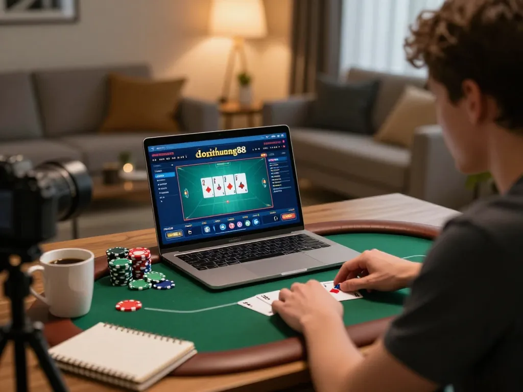 Play poker online with gamedoithuong88 amid a focused home gaming setup highlighting strategy