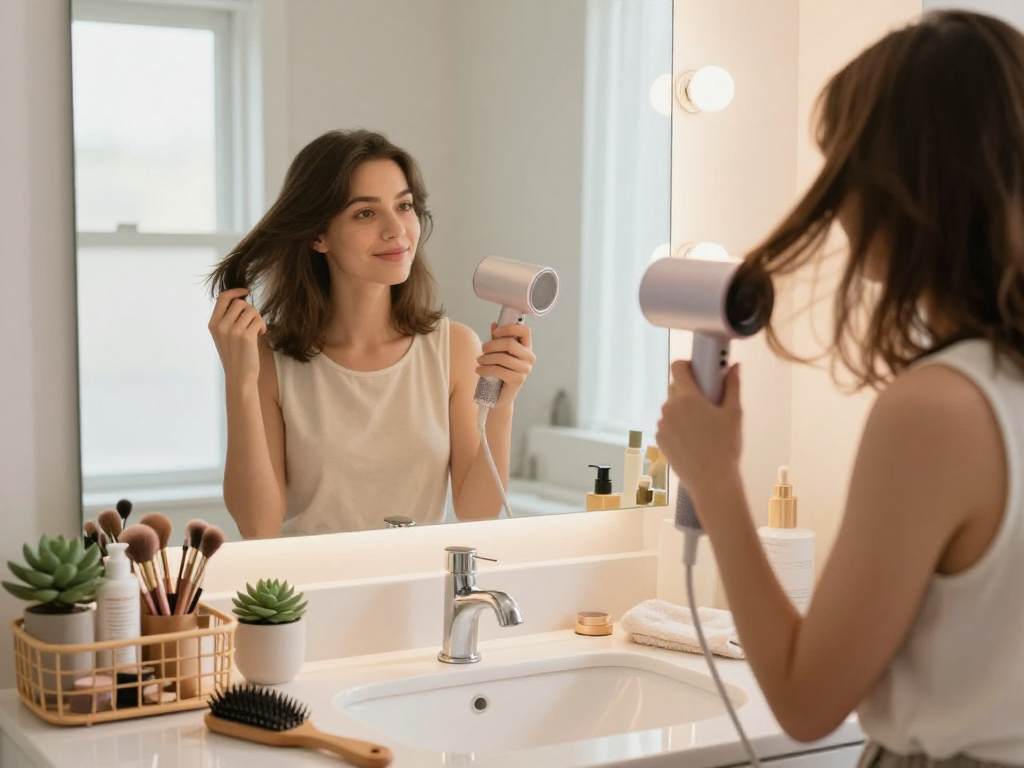 Youthful woman styling her hair with a mini hair dryer in a bright bathroom.