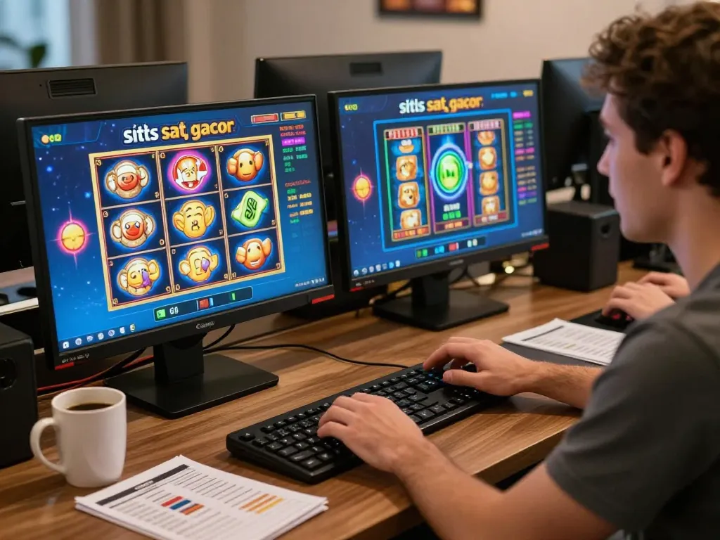 Player enjoying situs slot gacor games at a cozy home gaming setup, emphasizing strategic online gambling.