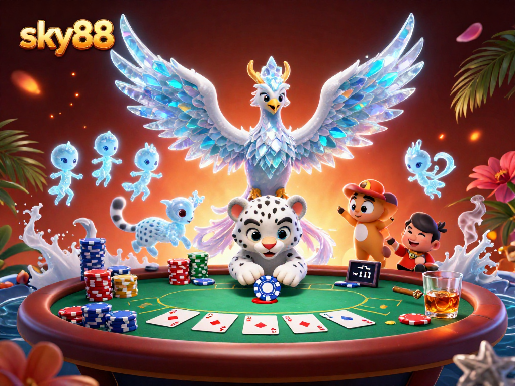 Play poker with sky88 in a vibrant 3D illustration showcasing excitement and energy.