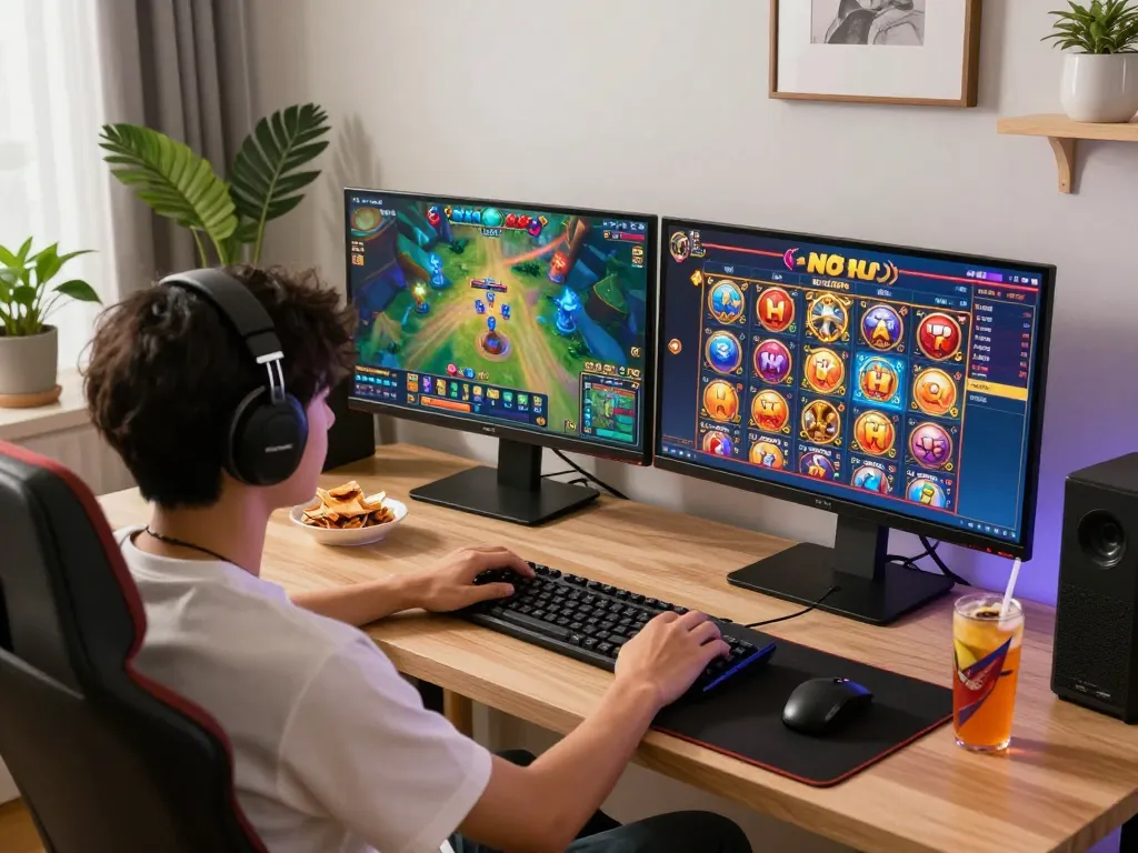 Engaging in game nổ hũ while seated at a stylish home office, showcasing excitement in online gambling.