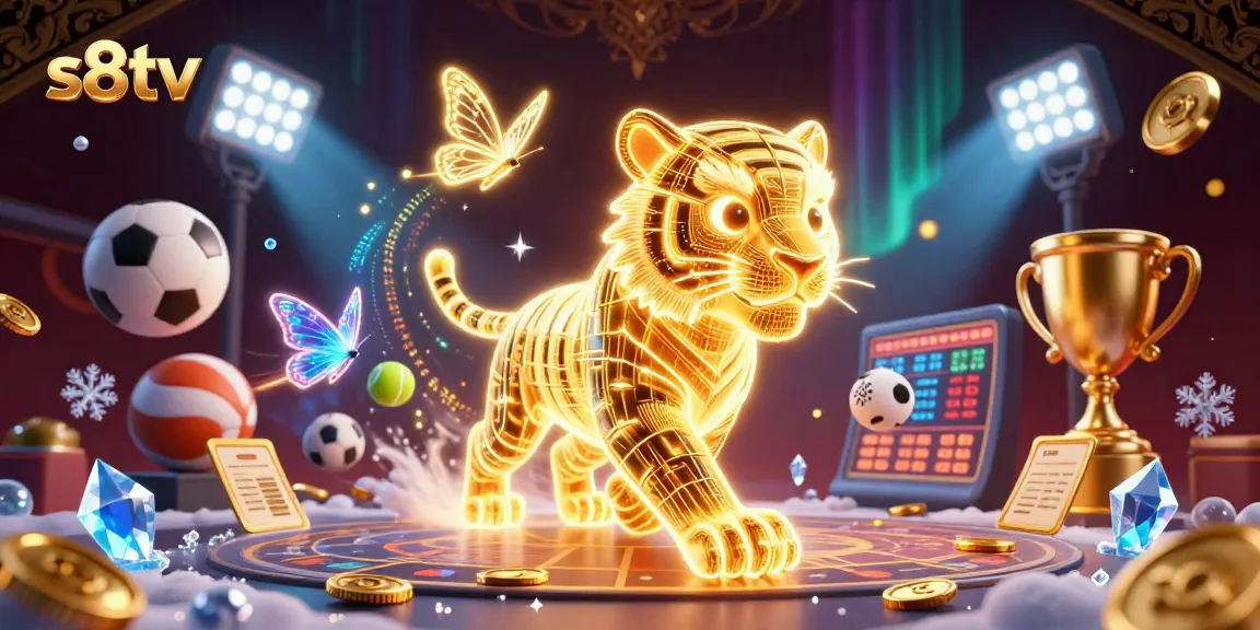 Experience the thrill of s8tv with a vibrant 3D digital casino scene featuring a golden tiger and sports balls.