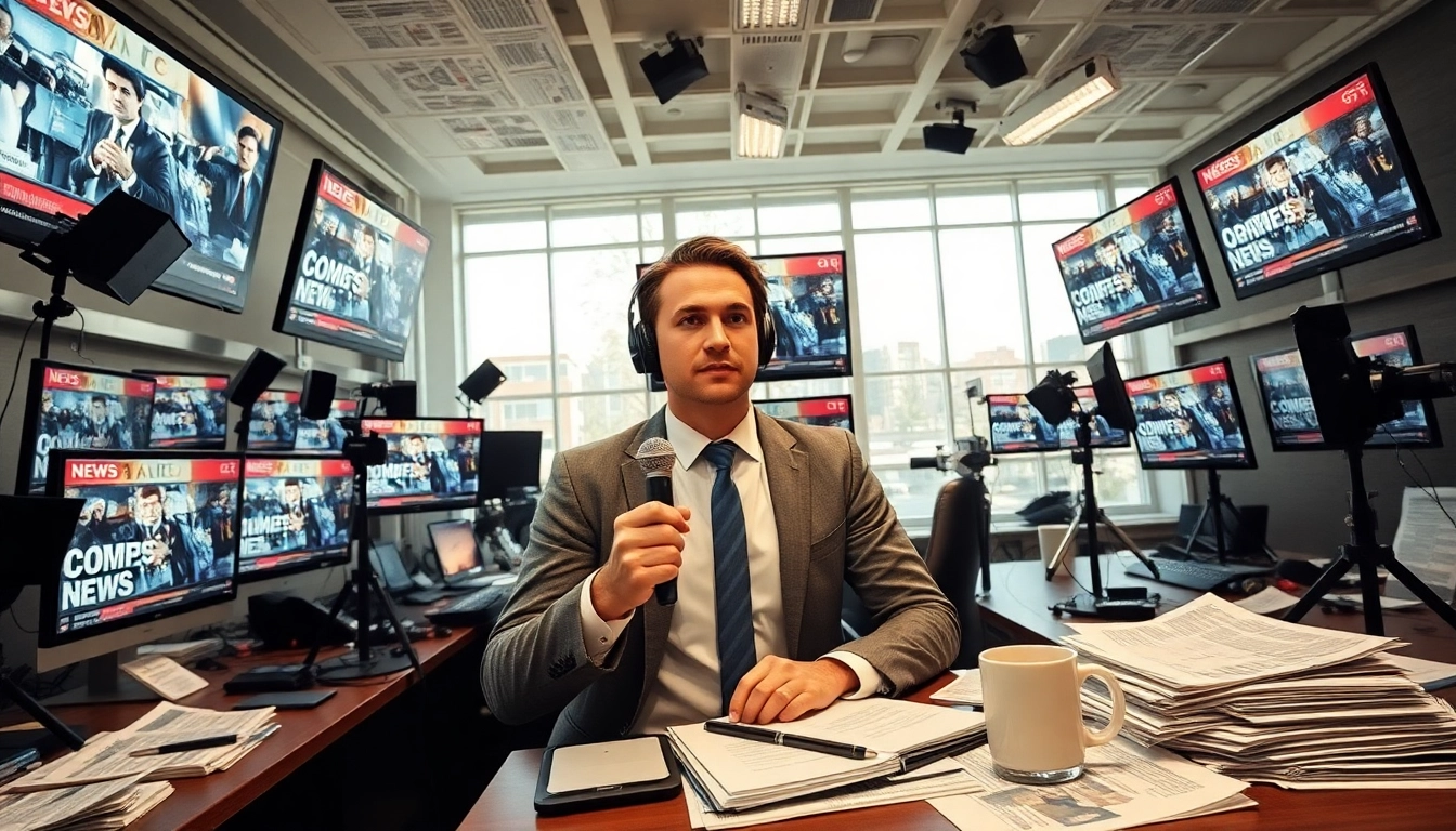 Aktuelle Meldungen im modernen Nachrichtenraum mit Journalisten und Bildschirmen.