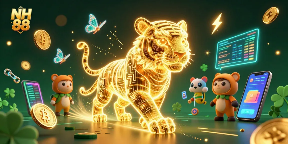 Engage with NH 88's vibrant digital casino world featuring a neon tiger and crypto elements.