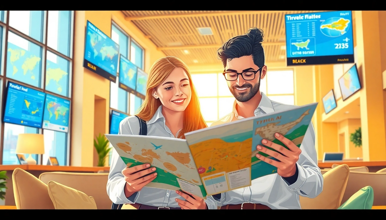 Flug & Hotel Tipps: Engagierte Reisende planen ihren Urlaub in einer hellen Hotellobby.