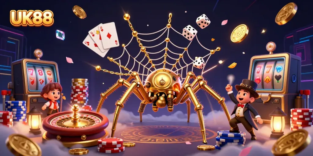 Experience thrilling wins at UK88 with a steampunk spider and golden treasures in this vibrant casino scene.