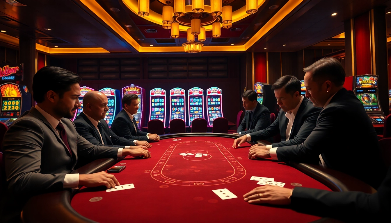 X88 players enjoy high-stakes gambling at an elegant blackjack table with vibrant slot machines.