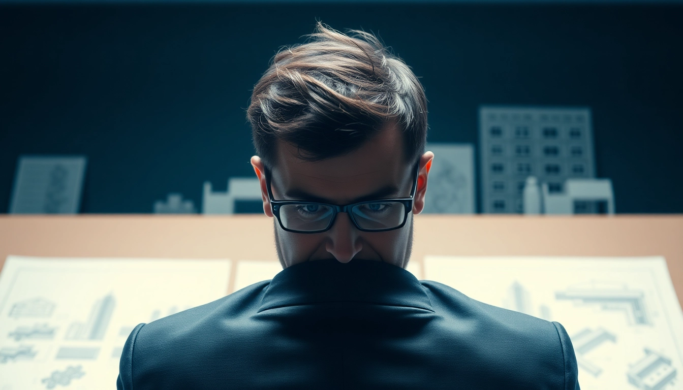 Der Headhunter Baubranche analysiert Baupläne und Lebensläufe in einem modernen Büro.