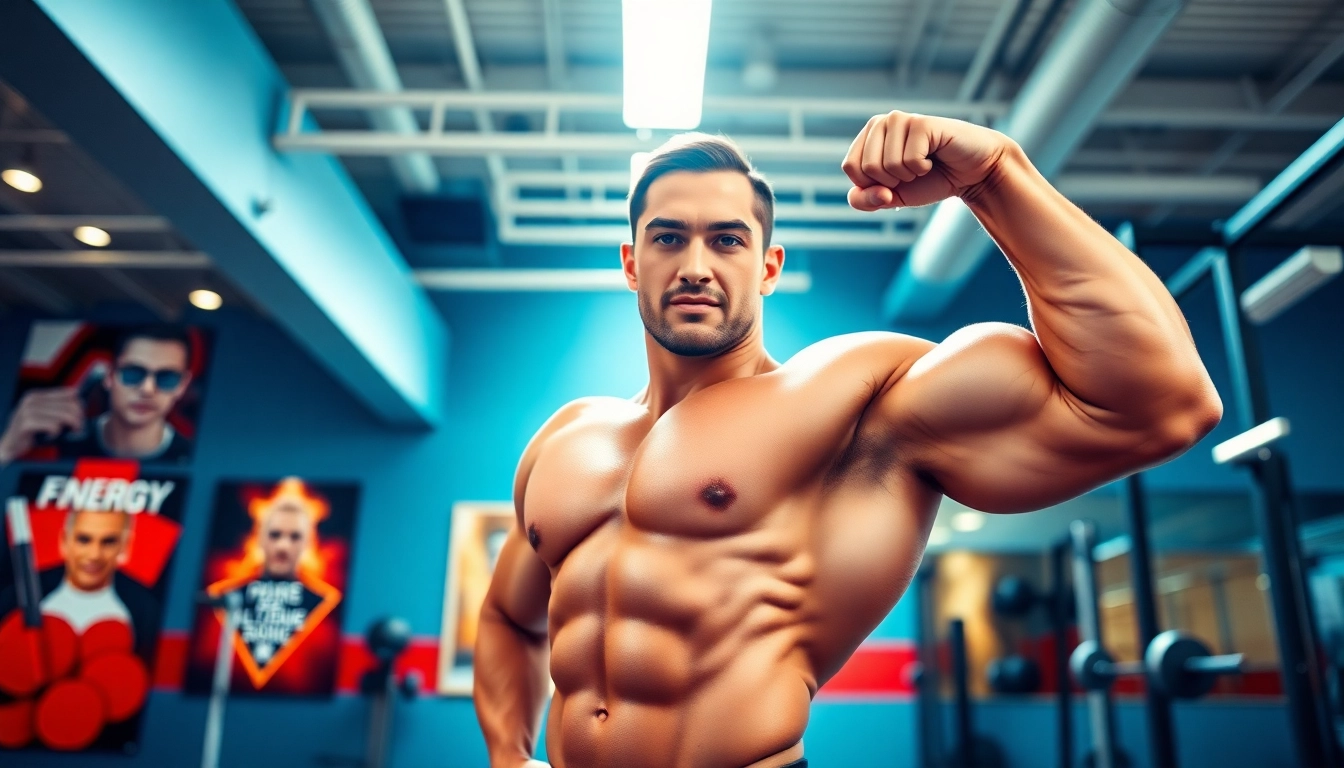 HGH kaufen für Fitnesssteigerung in modernem Fitnessstudio mit Bodybuilder.
