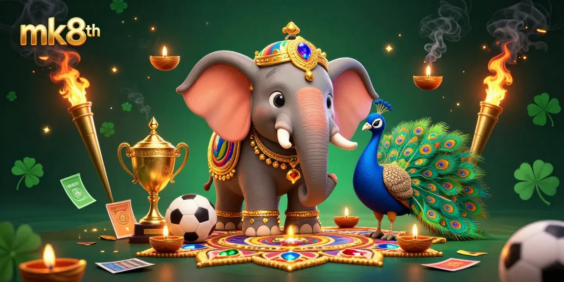 Bets and winnings come alive in mk8th's vibrant online casino illustration featuring an elephant, peacock, and sports elements.