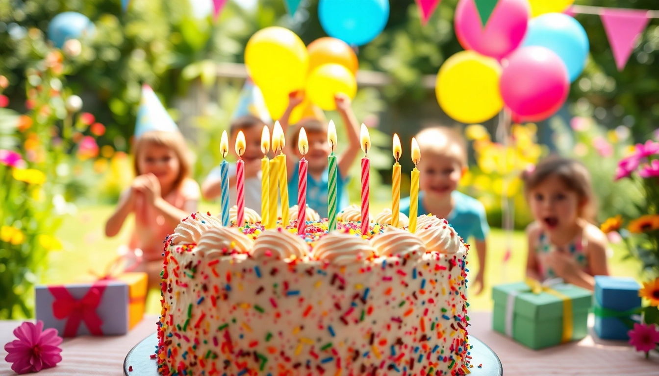Feierliche Kindergeburtstag 4 Jahre mit buntem Kuchen und fröhlichen Kindern.