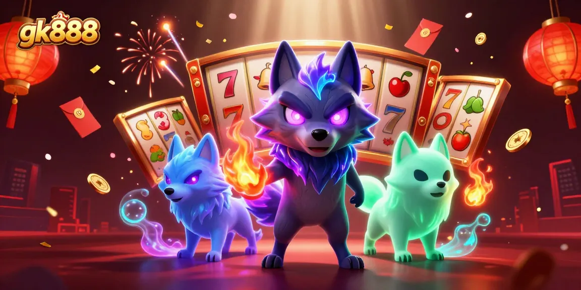 Engage in dynamic gameplay with gk888 on vibrant slot reels featuring lucky symbols and animated spirit wolves.