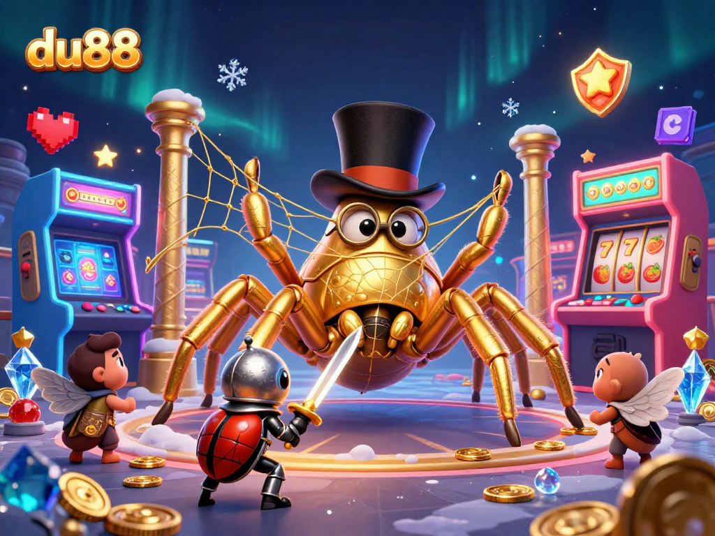 Experience du88's vibrant casino world featuring a golden tarantula and beetle knight.