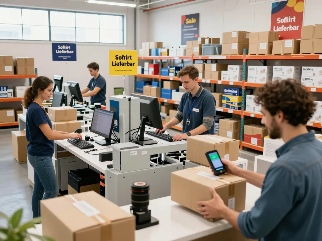 Sofort Lieferbar Produkte werden in einem lebhaften E-Commerce-Logistikzentrum organisiert