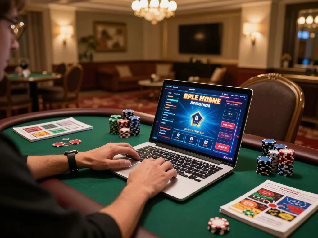 Engaged player strategizing at bet88.com with laptop, colorful poker graphics, and gaming elements visible