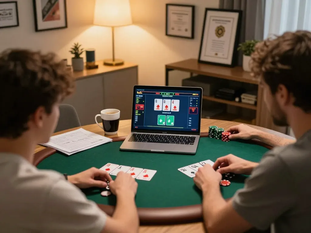 KJC players strategizing in a professional online poker game at home, showcasing a cozy and engaging atmosphere