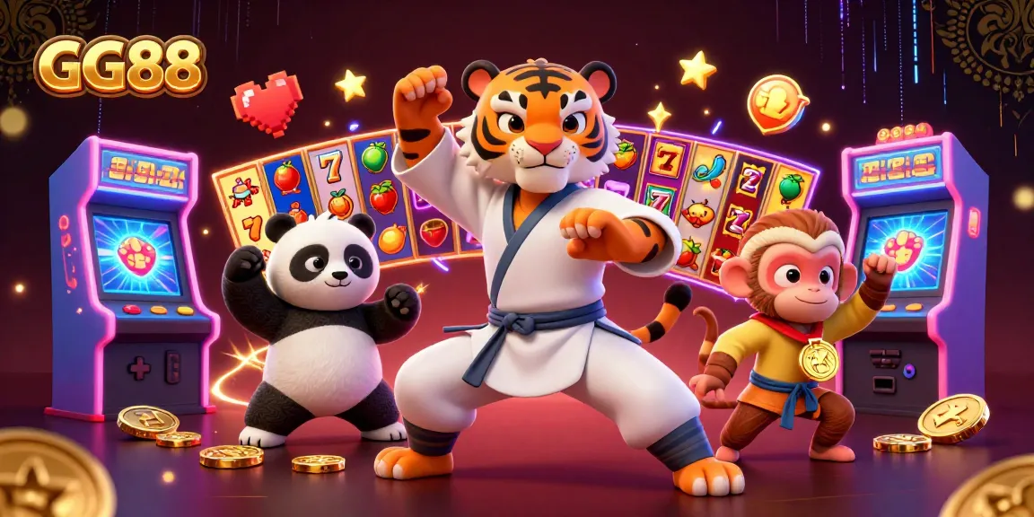 Engage with lively GG88 slot games and animated characters in a vibrant casino scene.