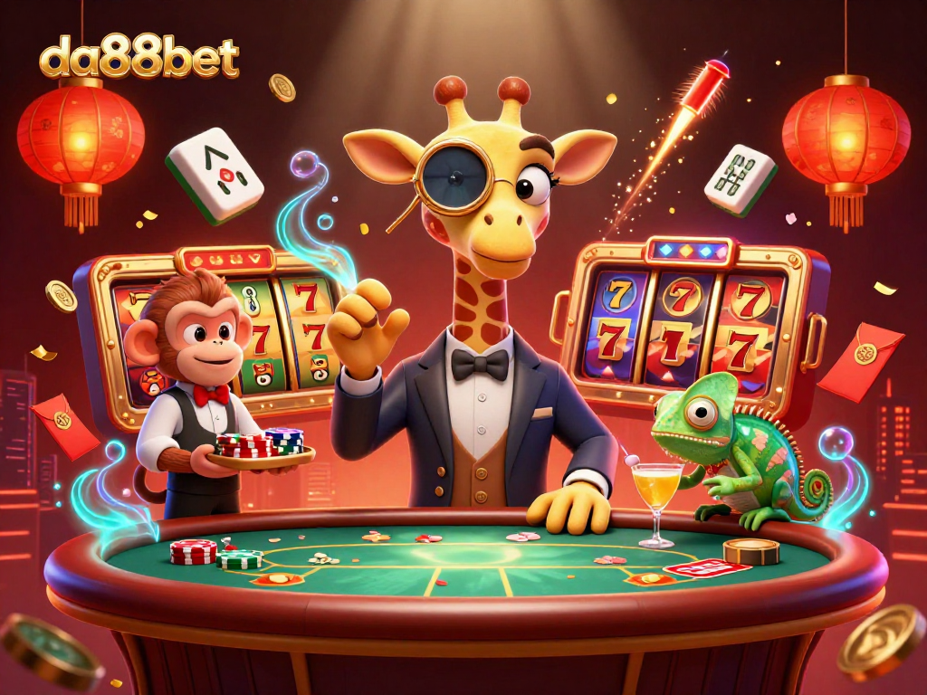Experience the thrill of da88bet with a high-roller giraffe at a VIP table surrounded by vibrant casino elements.