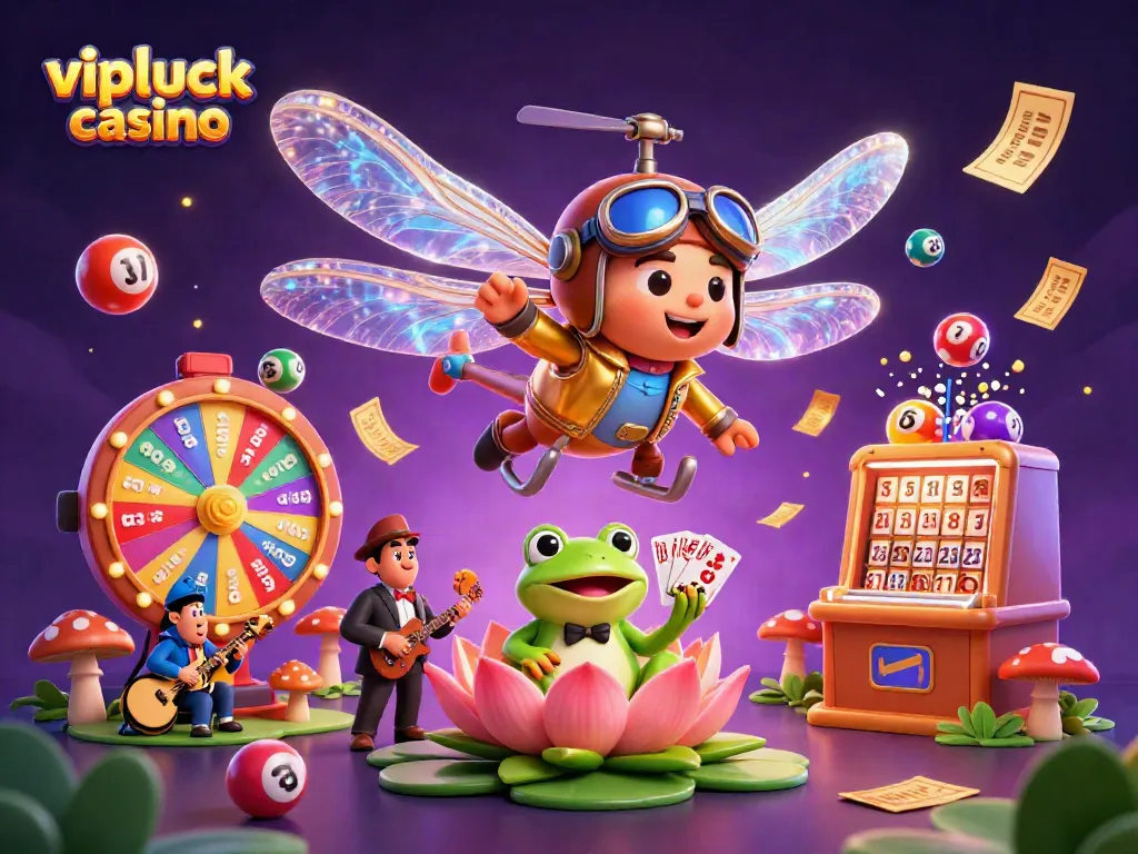 Experience the excitement of vipluck casino with lively characters and dynamic gaming elements in a vibrant 3D illustration.