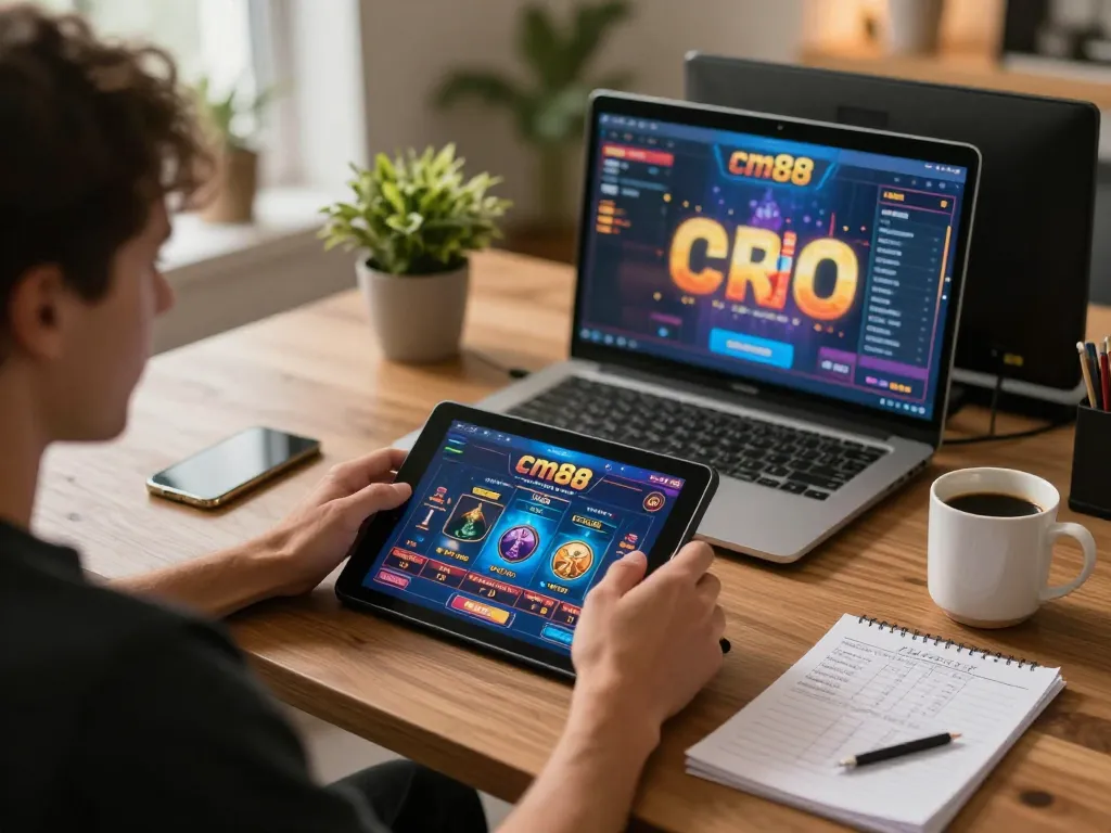 Engaging in cm88 online casino gaming on a tablet with strategy notes in view.