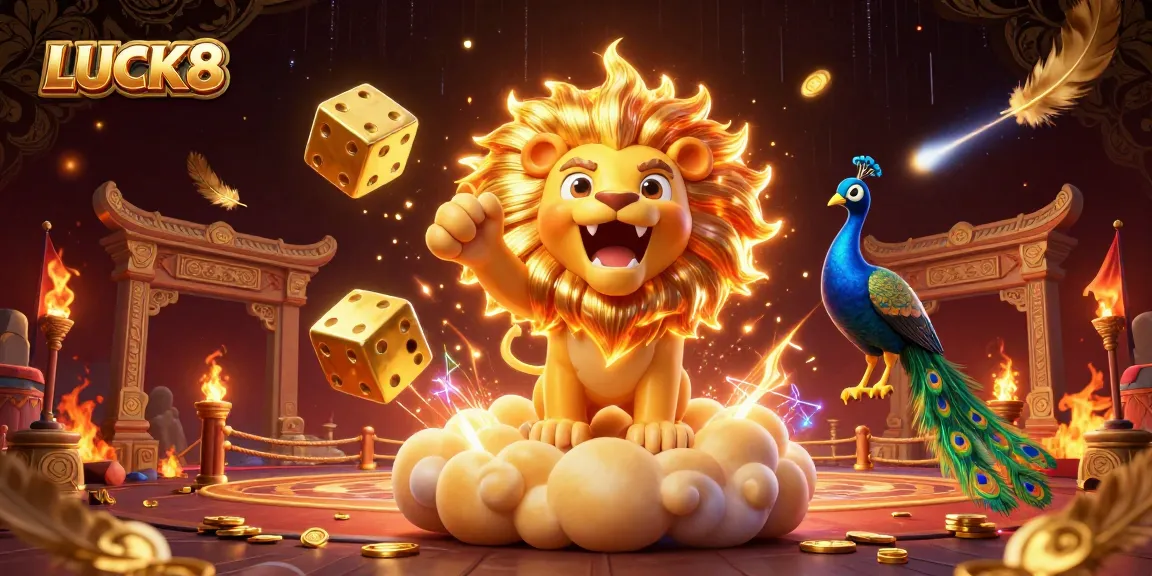 Experience LUCK8's vibrant gaming world with immersive casino elements and a dynamic sun lion.
